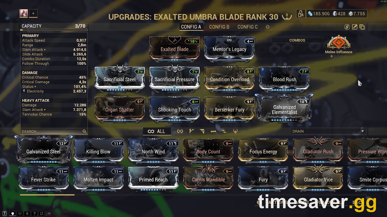 A real Warframe melee upgrade screen showing Blood Rush, Condition Overload and Sacrificial mods — the crit-status scaling loop that carries melee into Steel Path.