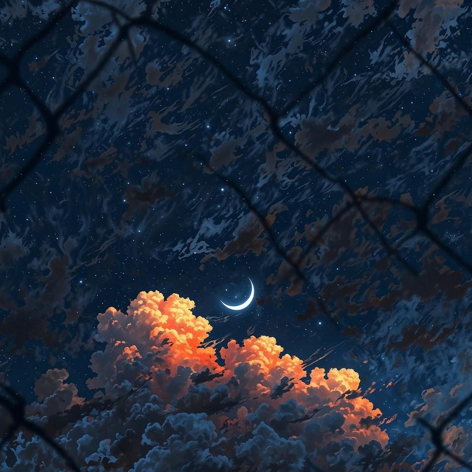 Download Nightscape, Crescent Moon, Cloudy Sky, Chainlink Fence Full HD iPhone