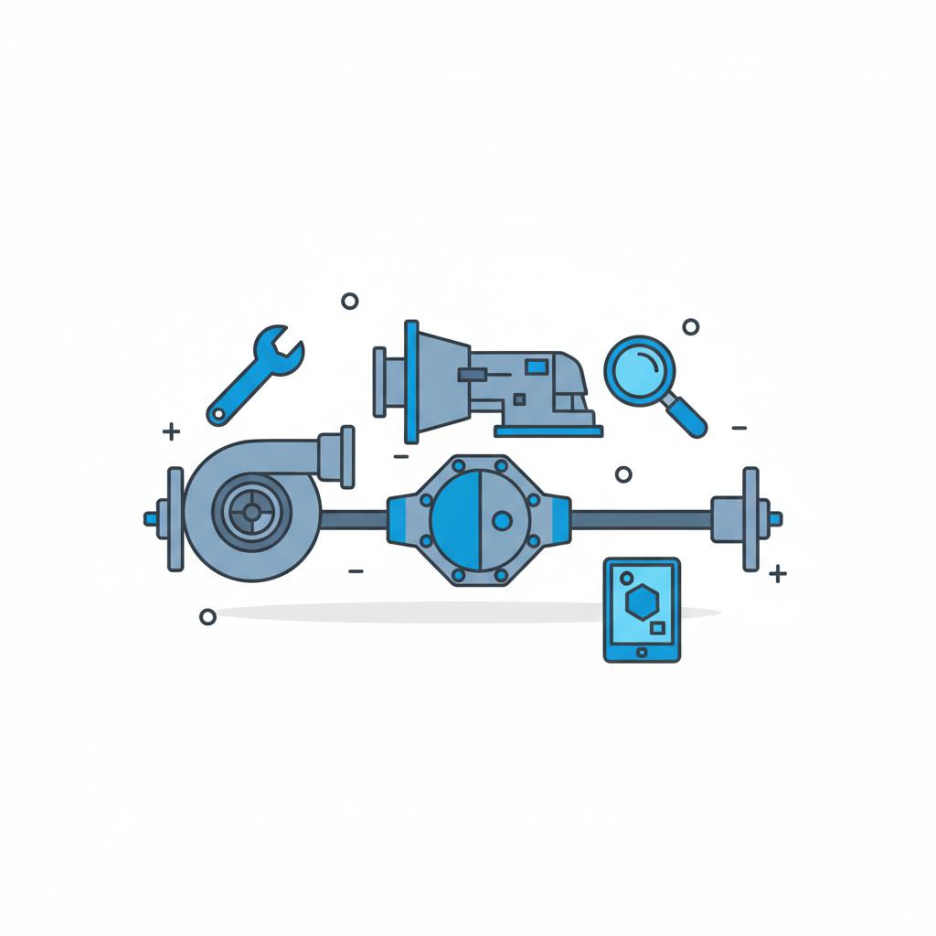 Minimalist vector illustration of a turbocharger and AWD components on a white workbench with blue accents and inspection tools porsche macan for sale