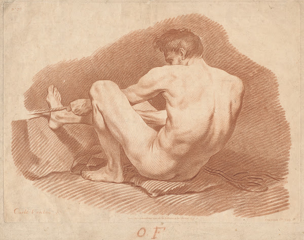 Seated Nude Man Seen from Behind Pulling a Rope c 1760