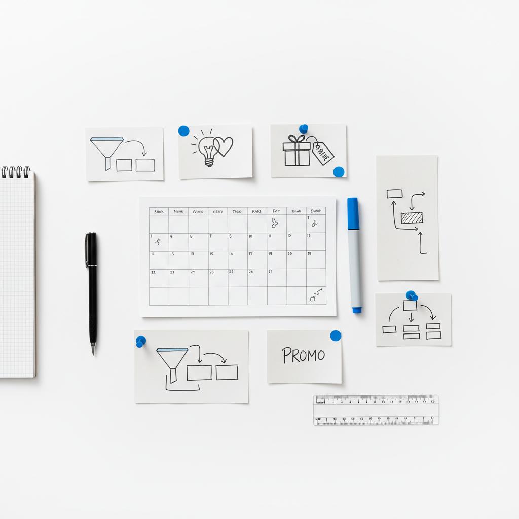 Flat lay workspace with printed email calendar and sketch cards showing icons for value and promo, stickers and marker accents in #1a5bfb on a clean white background &mdash; 60/40 rule email marketing