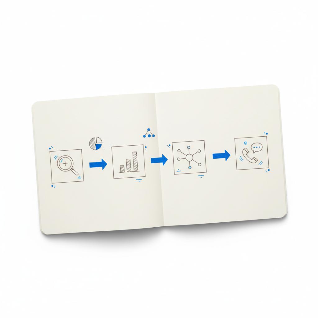 Notebook sketch of a four-step rapid lead routing process for SMB lead flow, hand-drawn icons connected by blue accent arrows on a white background.