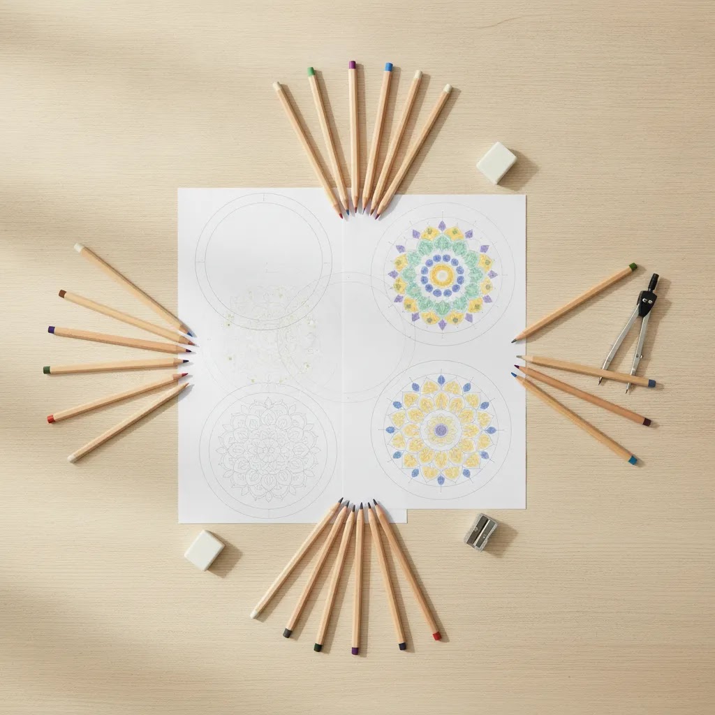 Clean flat lay of circular artwork and colored pencils