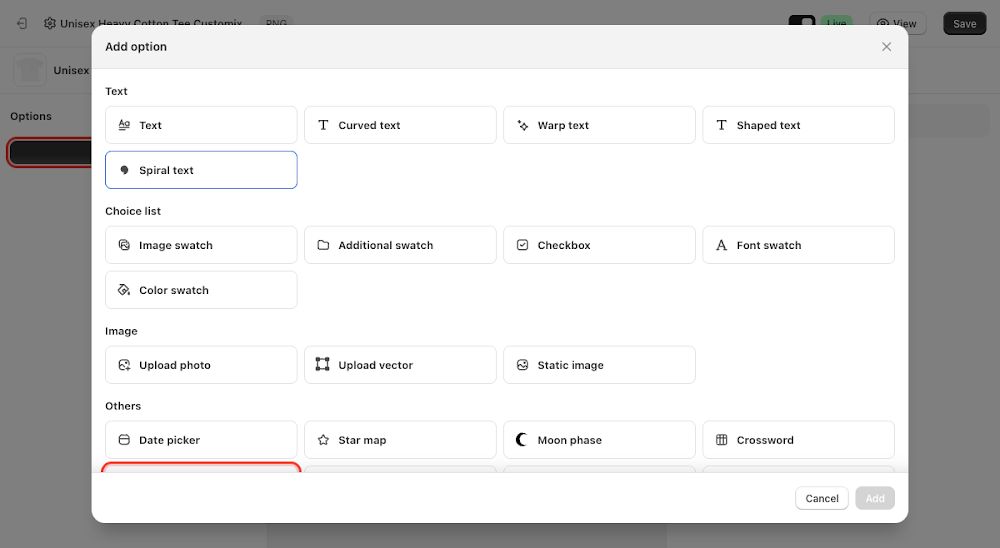 Add option menu with Word search selected under Others