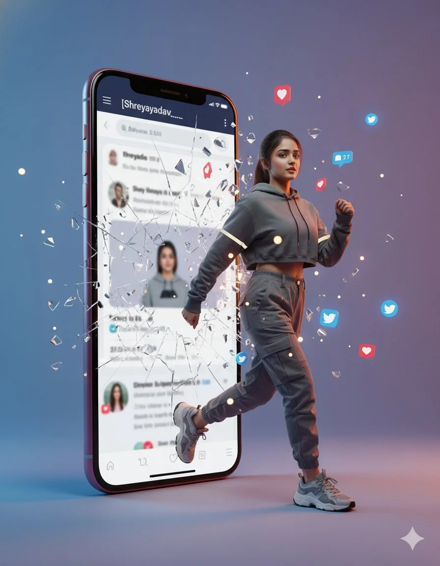 Fotografía cinematográfica hiperrealista de una mujer saliendo de la pantalla de un teléfono inteligente.