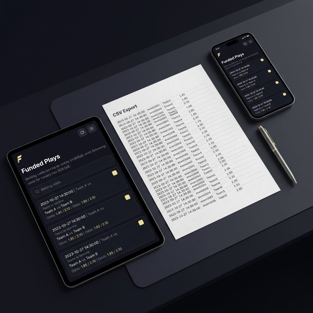 Close up of timestamped betting odds screenshots and a CSV export neatly arranged on a dark desk showing 1bettor sports interface with minimalist Funded Plays branding