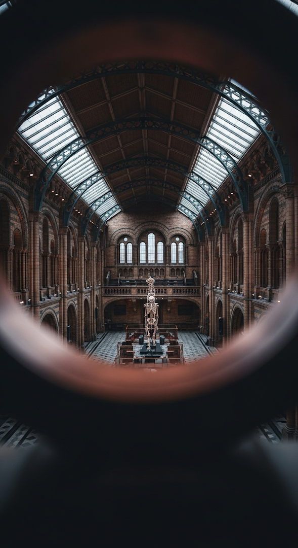 Dramatic View of Grand Victorian Museum Hall Through Blurred Copper Railing
