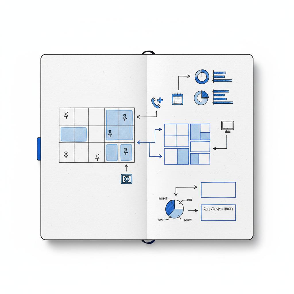 Sketchbook-style notebook spread showing a local map with clinic catchment areas, zip-code highlights and time-of-day patient-flow graphs sketched in dark ink and blue accents for healthcare PPC planning.