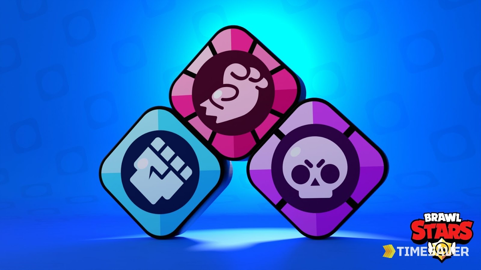 Brawl Stars gear icons render showing a Damage fist gear, a Mythic gear and a Super Rare skull gear on a blue background