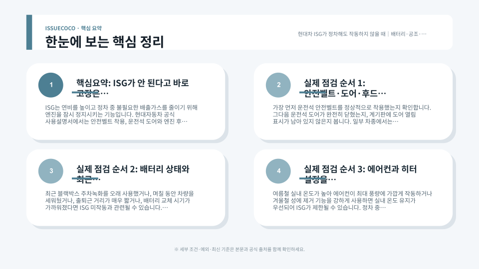 현대차 ISG 미작동 원인을 배터리 상태와 공조 설정, 안전벨트와 도어 상태 순서로 점검하는 장면