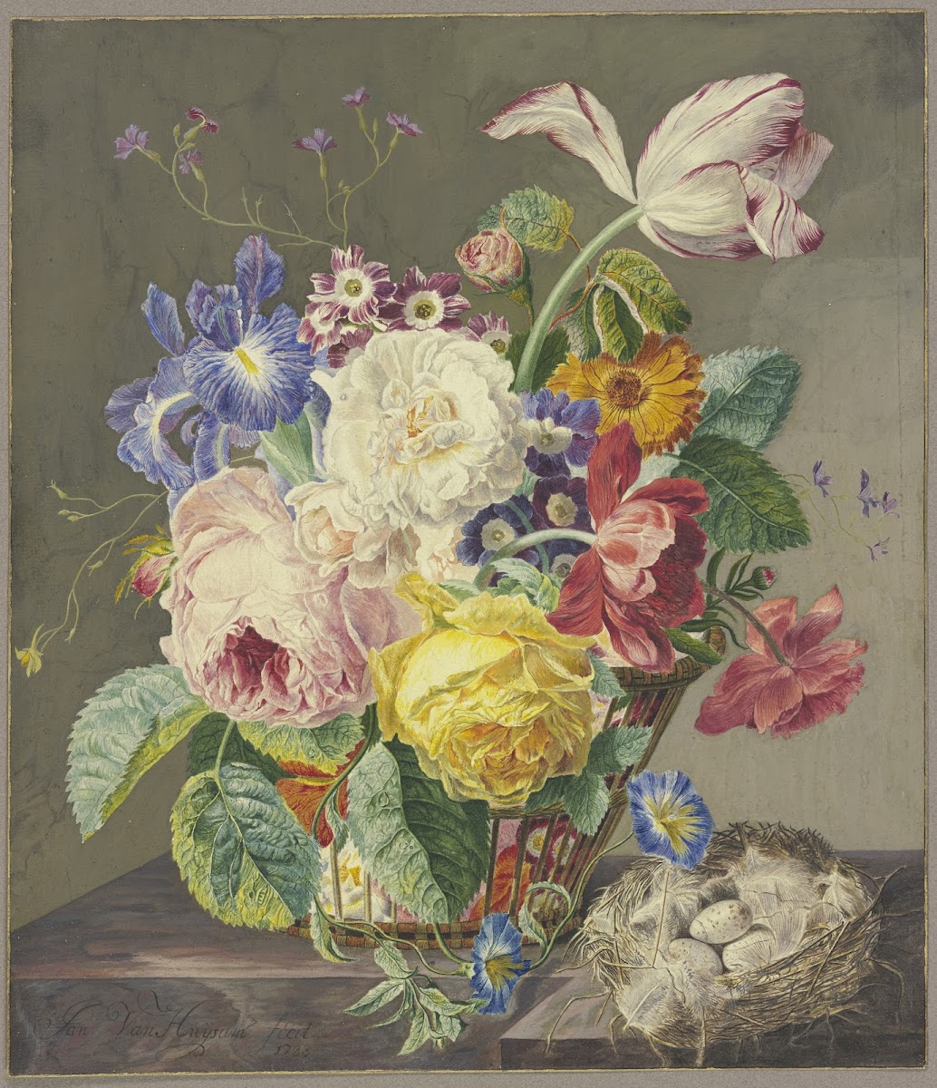 Flowers in a Woven Basket and a Birds Nest 1733