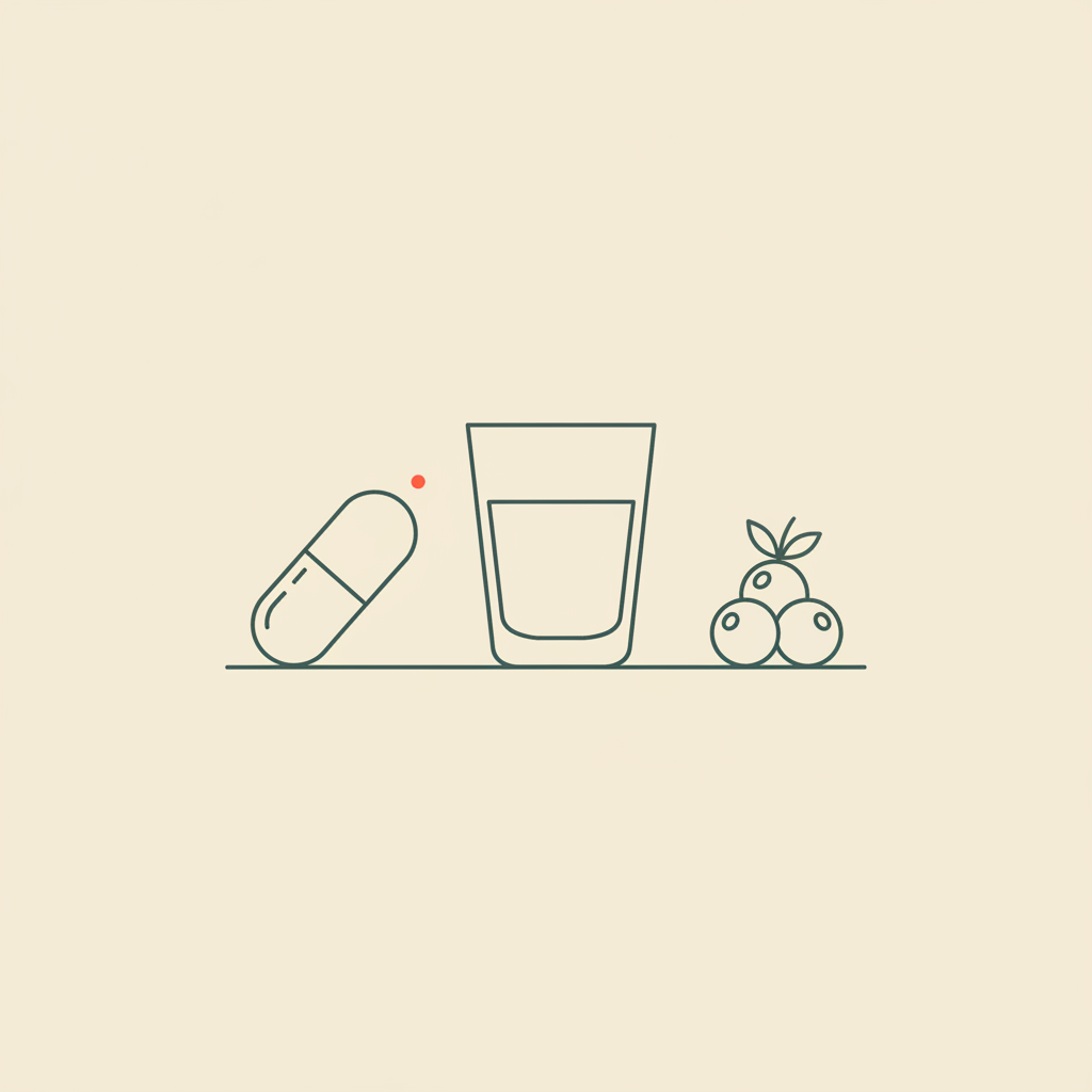 Minimal Tonum-style line illustration of a capsule, water glass, and berry cluster on beige background, symbolizing what to avoid while taking a fat burner.