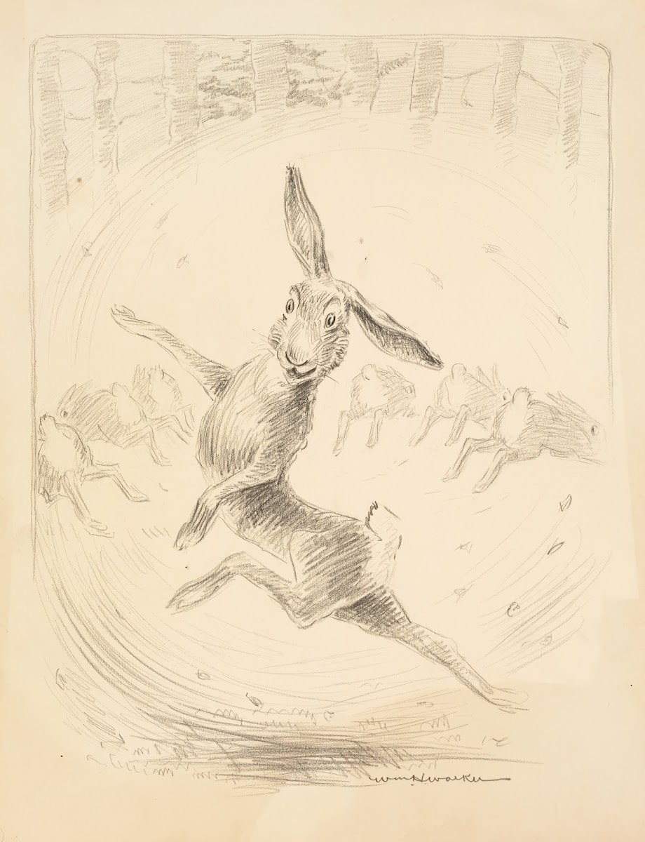 A rabbit dances while six other rabbits run away from him 1906