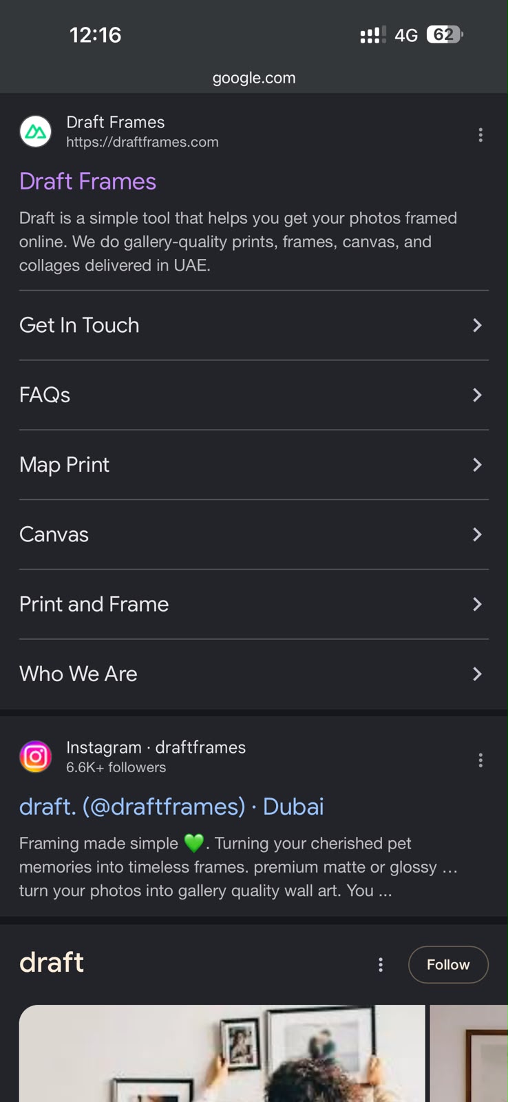 Draftframes organic Google listing