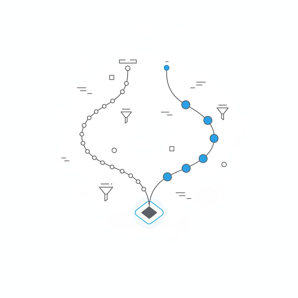 Minimal 2D vector diagram of two converging marketing funnels meeting at a single conversion point &mdash; visual metaphor for CPM vs CPC with gray lines and blue accents.