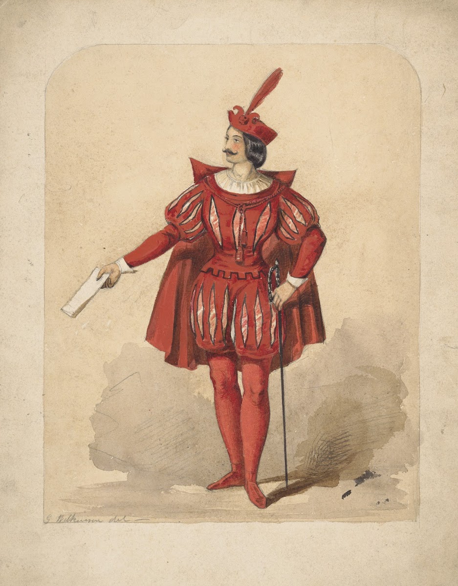 Male figure dressed in a red costume holding a piece of paper in his right hand