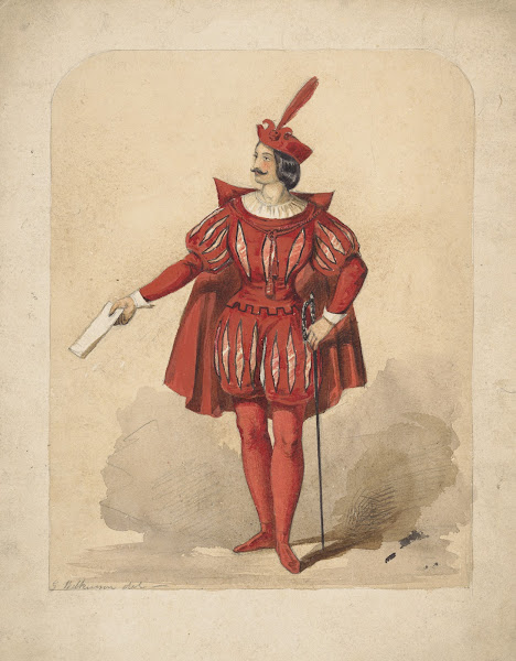 Male figure dressed in a red costume holding a piece of paper in his right hand