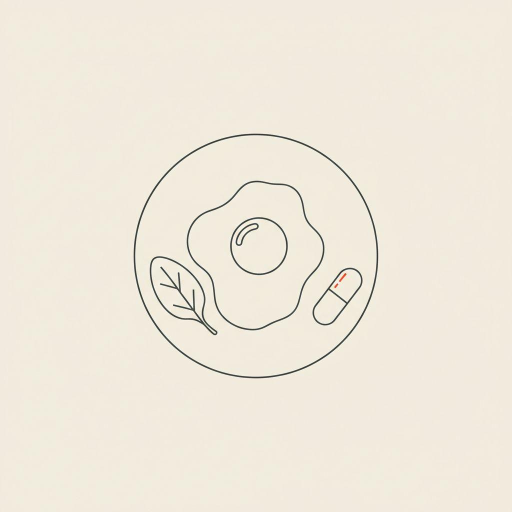 Minimalist Tonum-style line illustration of a fried egg on a plate with a spinach leaf and a capsule on beige background, symbolizing eggs and metabolism.