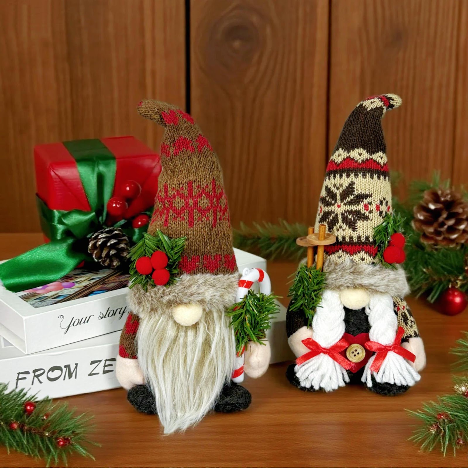 Christmas gnome figure with knitted hat and branch