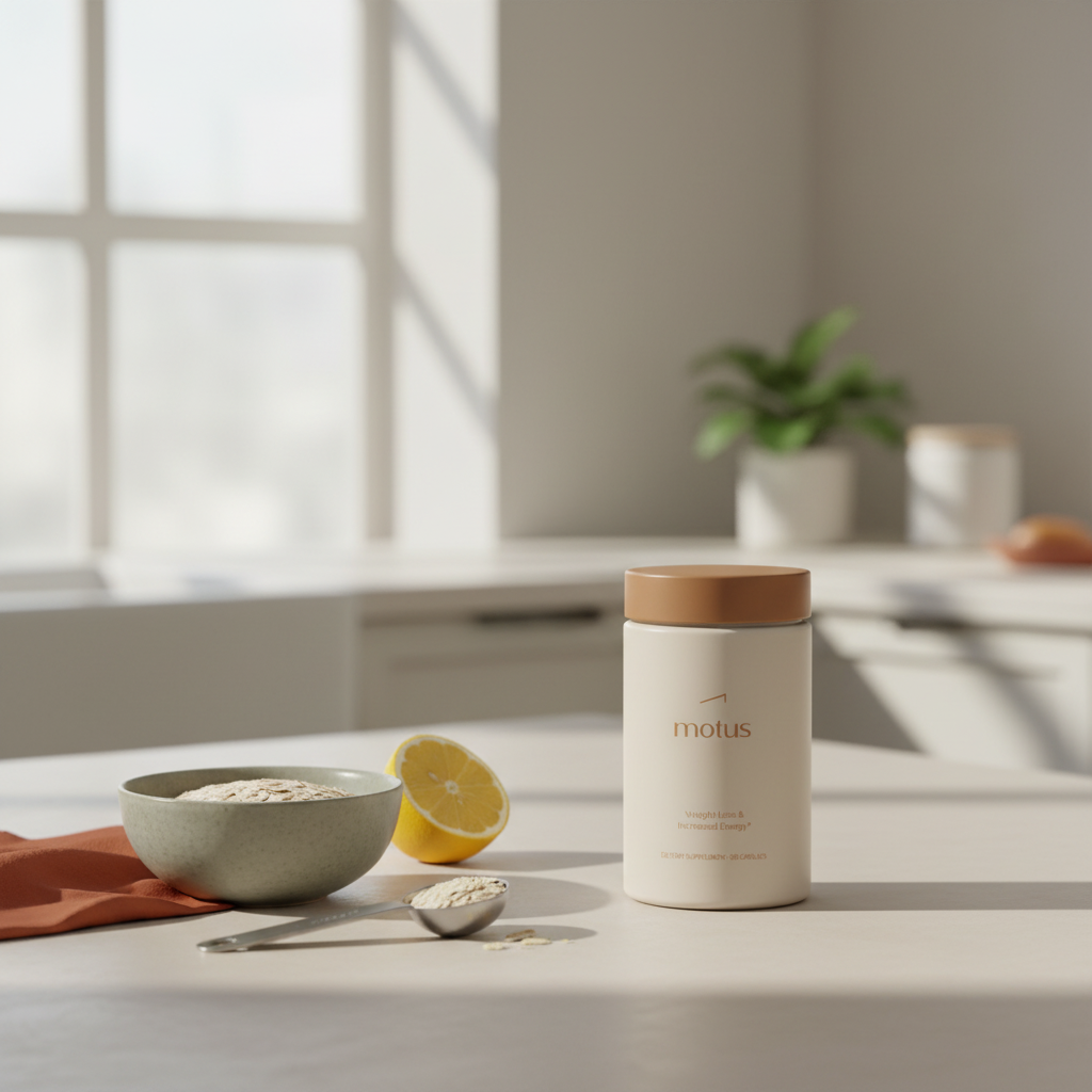 Tonum Motus supplement jar on a minimalist kitchen countertop beside a bowl of oats, a lemon and a measuring spoon in natural light, vitamins for sugar cravings