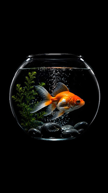 Minimalist Goldfish in Glass Bowl Dark Wallpaper - Free mobile Wallpaper