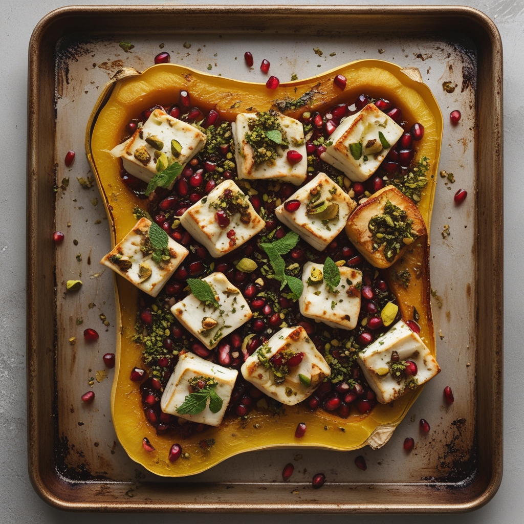 Sheet Pan Pomegranate-Glazed Halloumi & Delicata Squash with Pistachio-Mint Gremolata