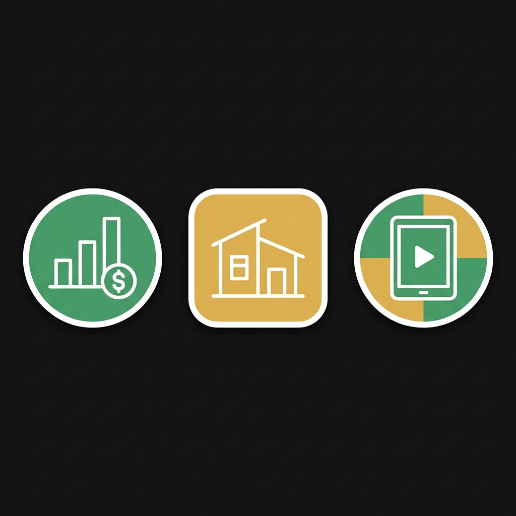 Minimalist flat lay of three icons representing passive income dividend chart house and digital course on dark background with green and gold brand accents