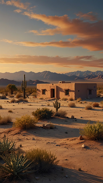 Southwest Adobe House Sunset Desert Landscape Saguaro Cacti - Free mobile Wallpaper