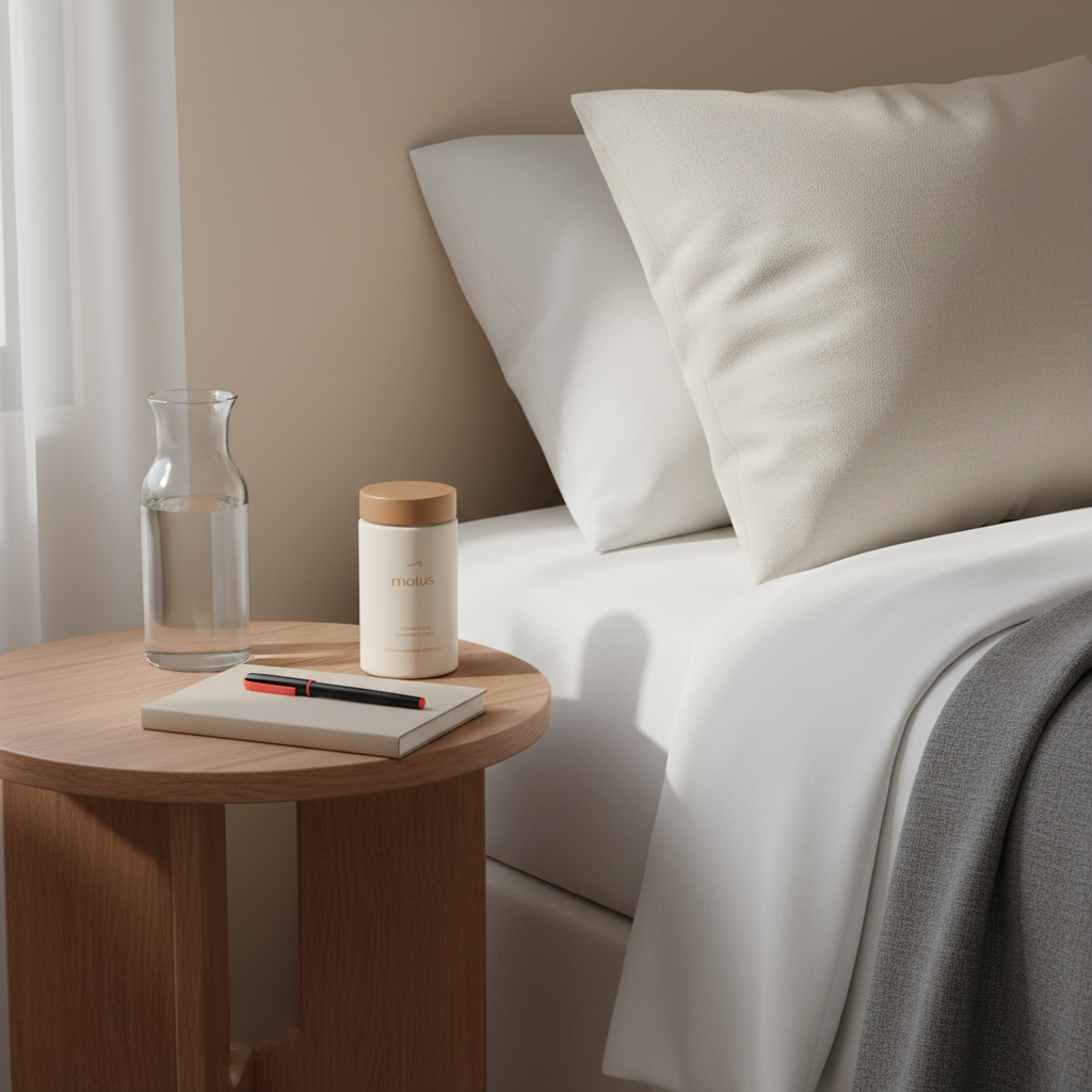 Minimalist bedside scene with Motus supplement jar on a wooden table beside a journal and glass carafe in morning light, supporting weight-loss and belly fat articles.