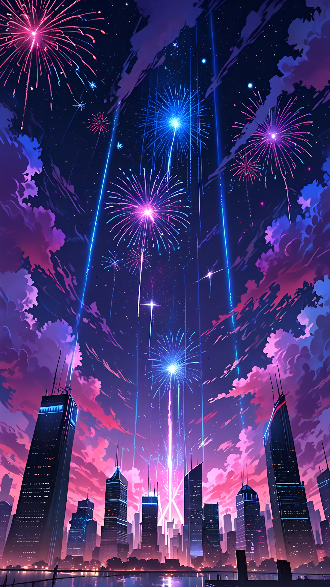 Epic Anime Fireworks Over Neon City Skyline - Free 4K mobile Wallpaper
