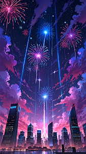 Epic Anime Fireworks Over Neon City Skyline