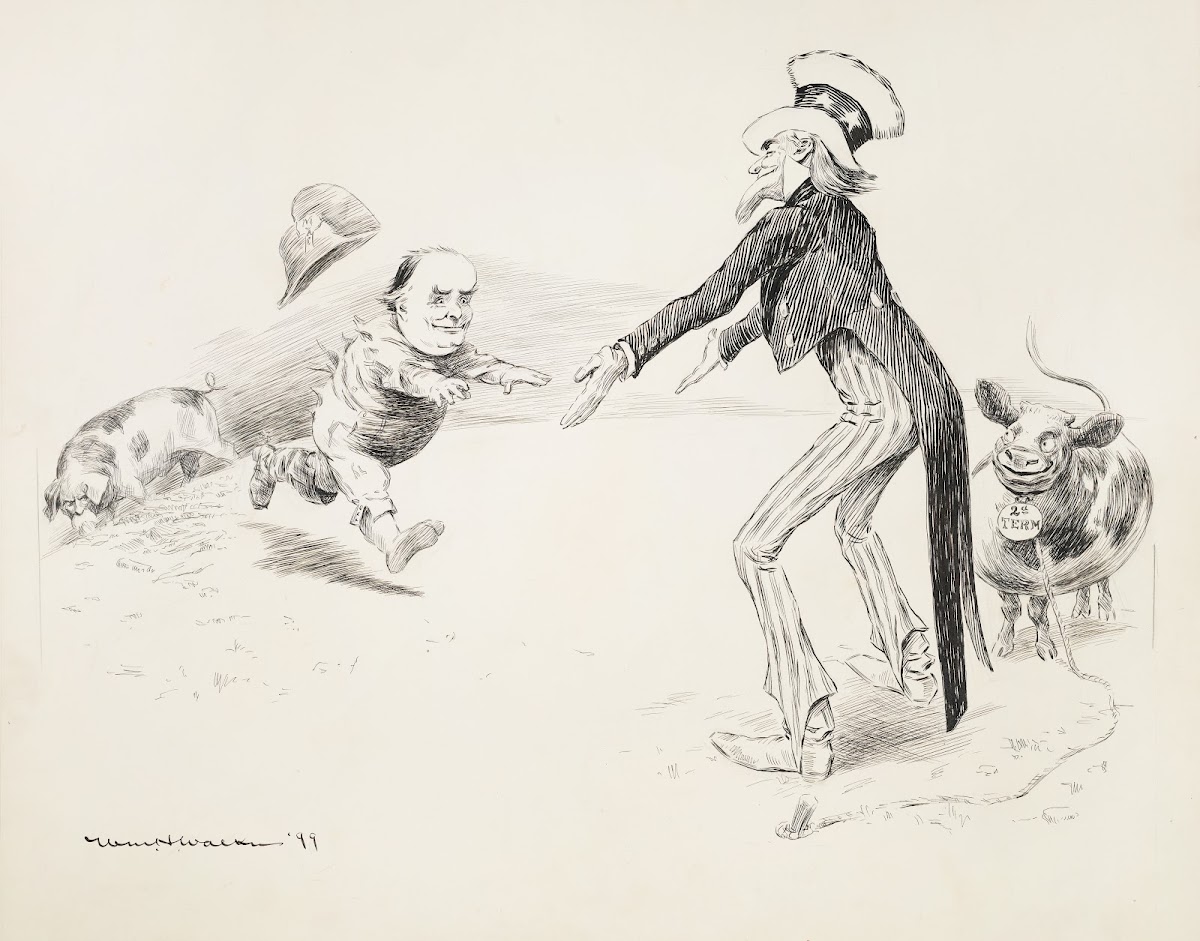 Uncle Sam holds out his arms to William Jennings Bryan to offer him a cow repres