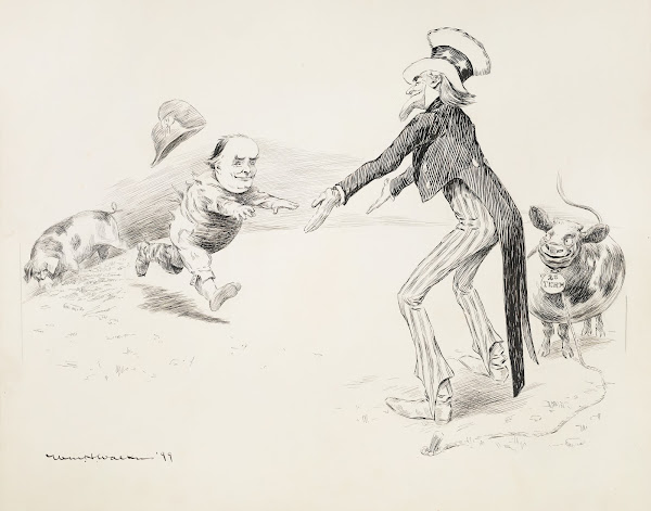 Uncle Sam holds out his arms to William Jennings Bryan to offer him a cow repres
