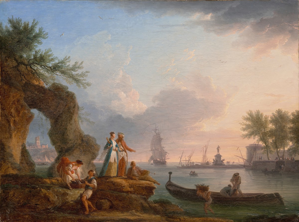 View of a port at sunset with fishermen and a couple in oriental dress