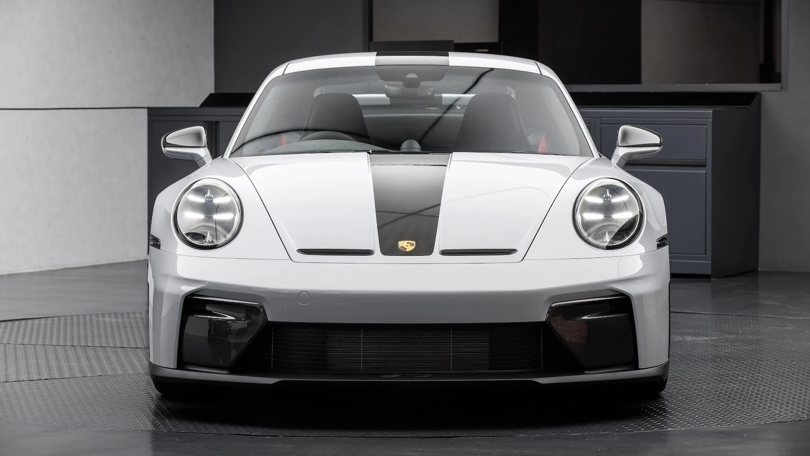 Modern White Porsche 911 GT3 - Industrial Low-Key 8K Wallpaper (7680x4320)