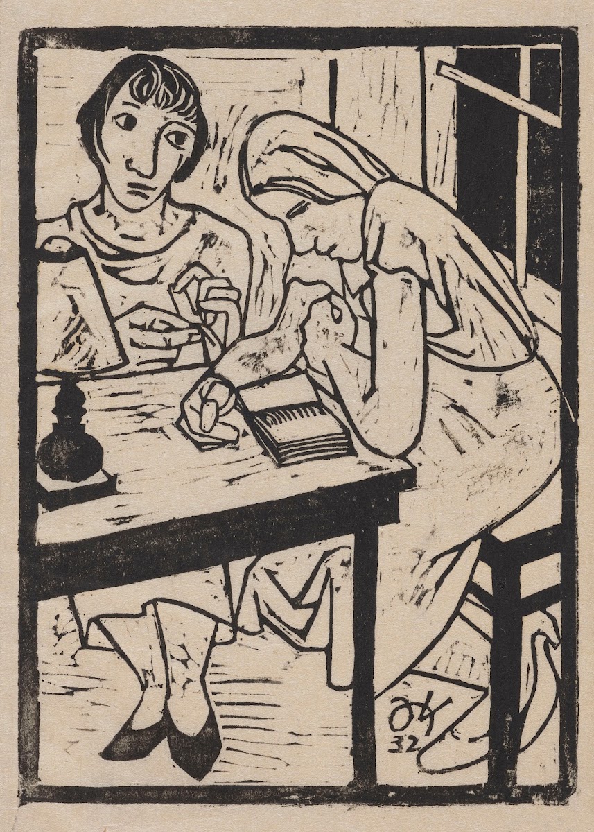 Two Women Sitting at a Table One Sowing the Other Reading a Book 1932
