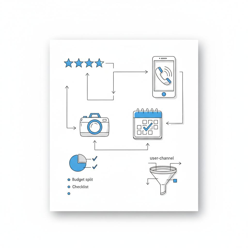 Minimalist 2D vector flat-lay of Google My Business workflow sketches: review stars, phone icon, calendar bookings and camera photos on a white notebook-style page with blue accents.