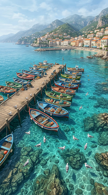 Bird's Eye View of Fishing Boats in Clear Blue Harbor - Free mobile Wallpaper