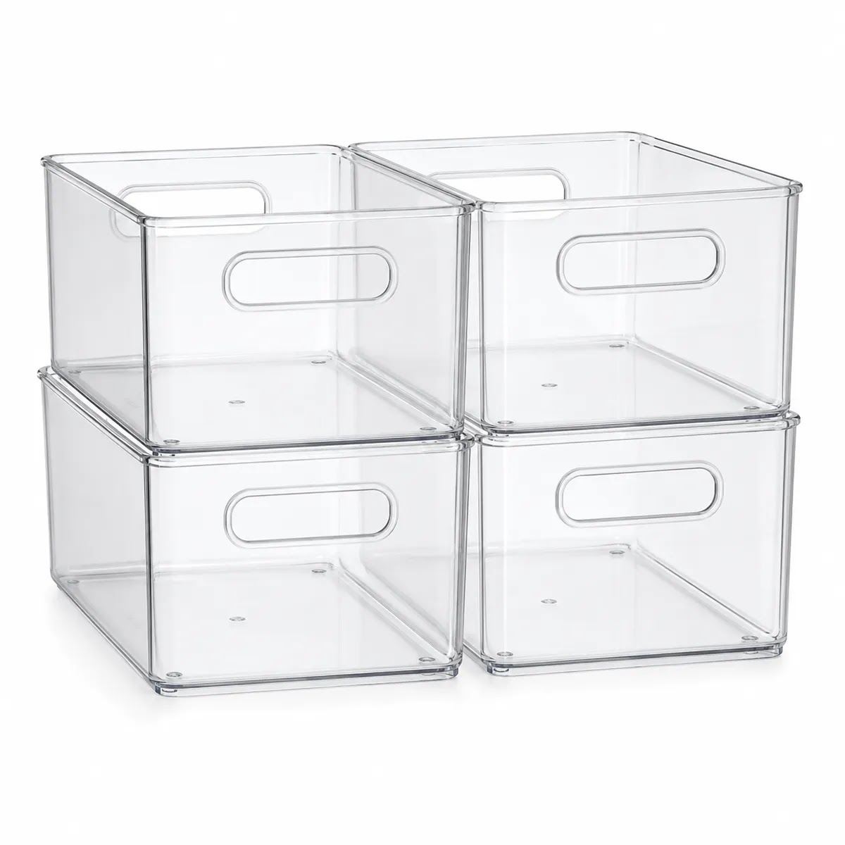 Clear plastic deep storage bin organizer with tall cleaning spray bottles standing upright