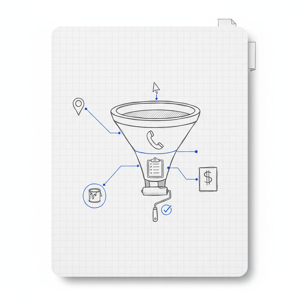 Notebook sketch of a customer funnel with icon stages (ad click, phone call, estimate, job won) plus paint can, map pin and dollar sign &mdash; painting lead cost visualization