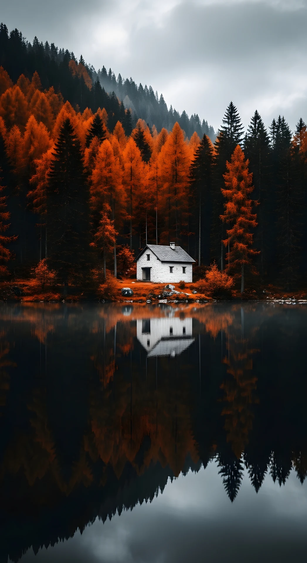 Isolated White Cabin Reflected in Dark Lake with Autumn Forest - Free 4K mobile Wallpaper