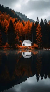 Isolated White Cabin Reflected in Dark Lake with Autumn Forest