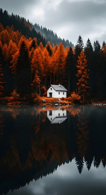 Isolated White Cabin Reflected in Dark Lake with Autumn Forest