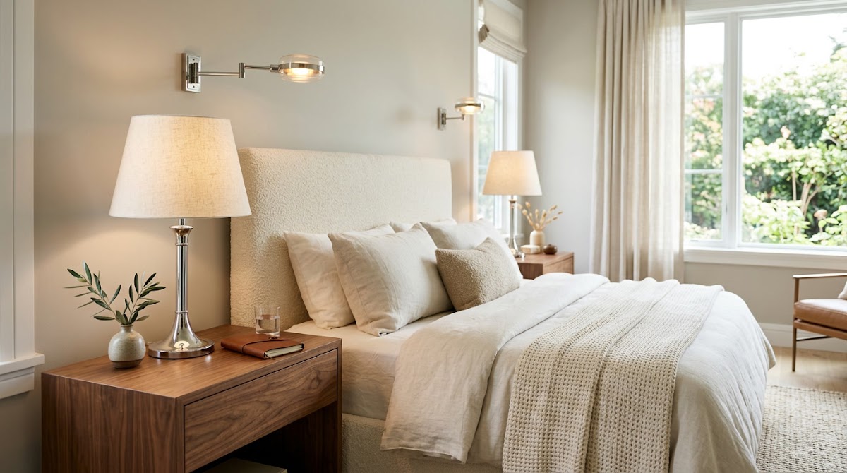 How to Use Chrome Bedroom Decor With Walnut Nightstands - sculptural chrome lamp with warm wood bookshelf and chair