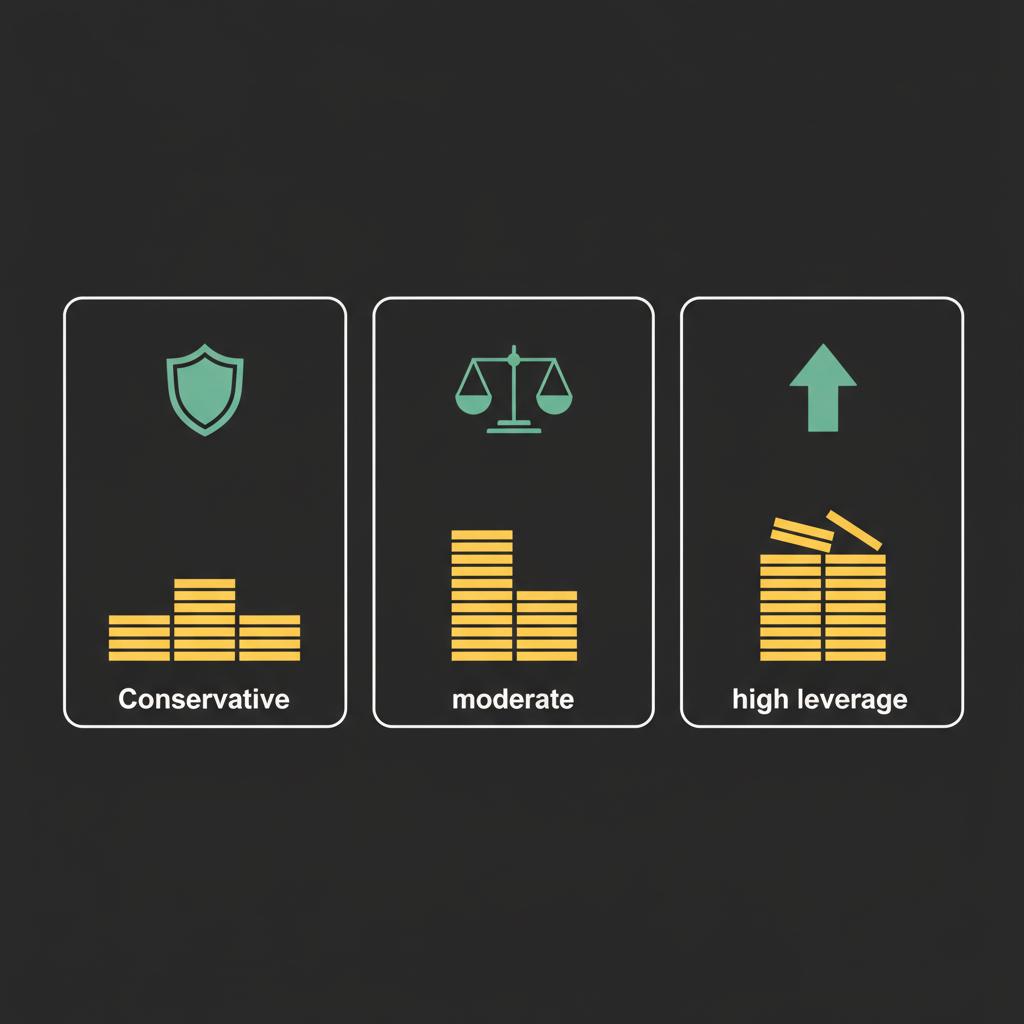 Minimalist 2D vector infographic comparing conservative moderate and high leverage scenarios with stacked coins and icons in brand colors for crypto futures trading