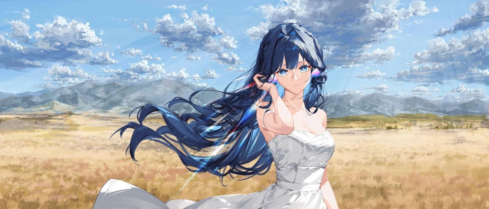 Blue-Haired Girl Under Cloudy Sky - Anime Digital Art 5K Wallpaper (8400x3600)