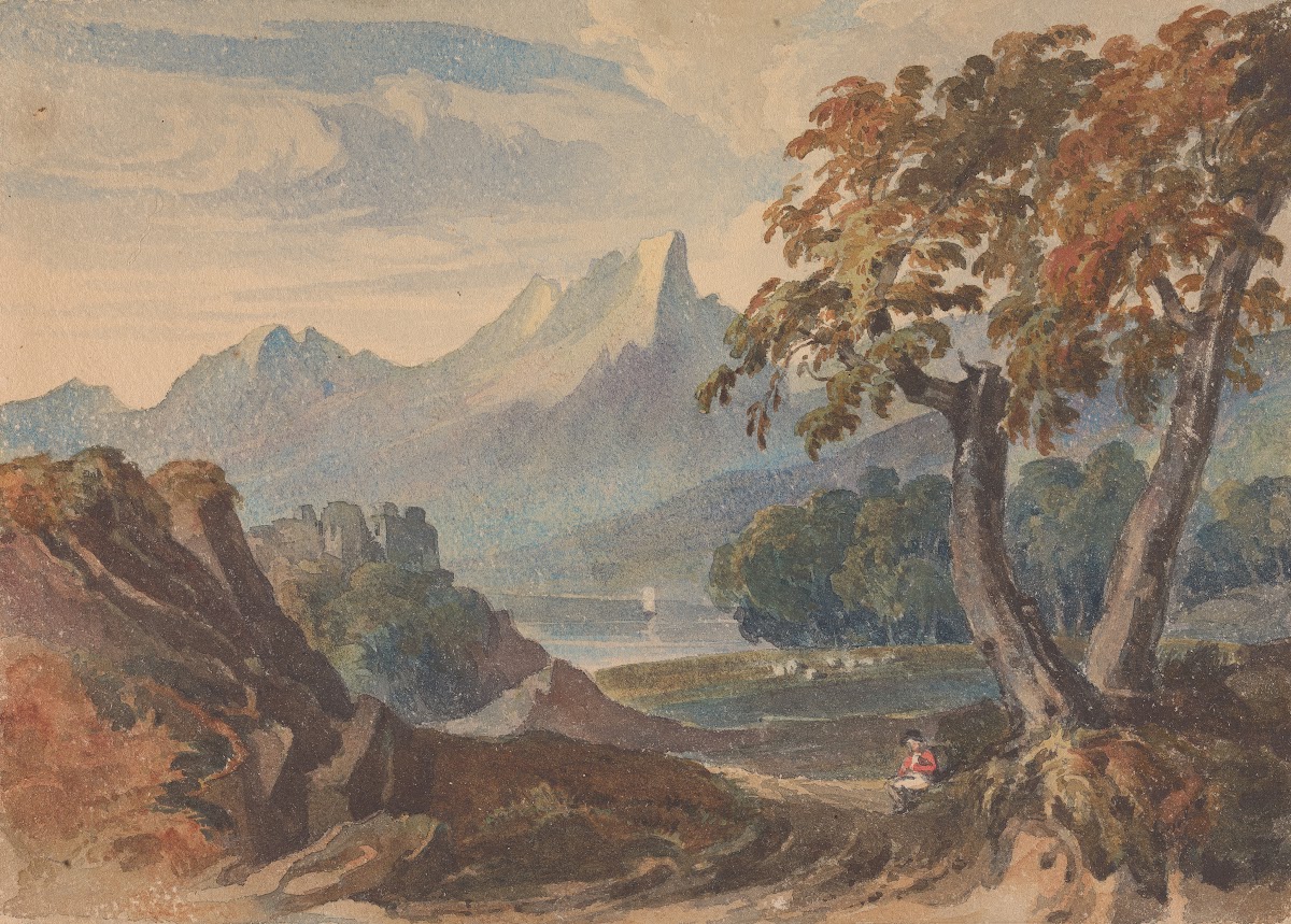 Landscape with Mountains Lake Castle Seated Figure in Foreground 1834