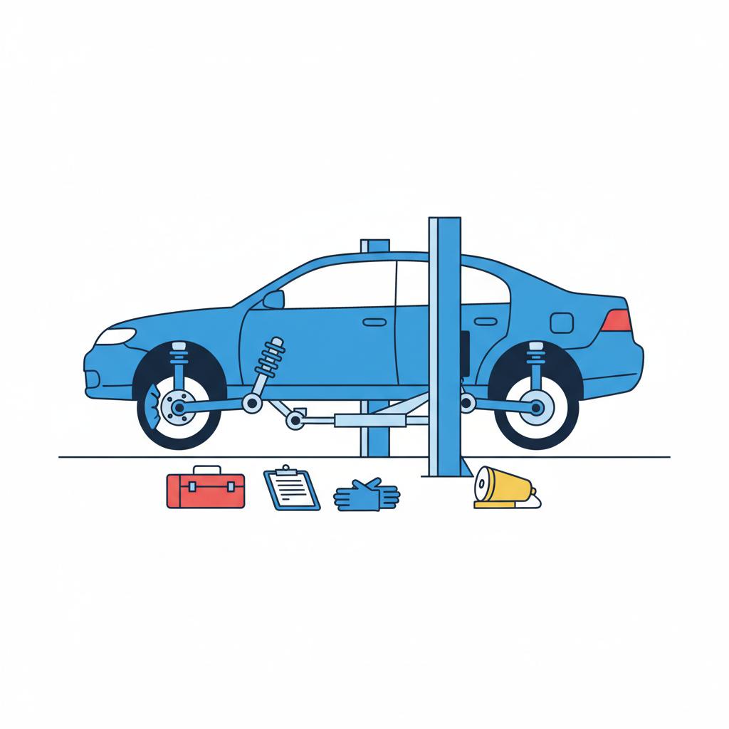 Minimalist 2D vector of a car on a lift showing brakes and suspension highlighted with accent blue 3666ed and inspection tools nearby visual for cheap cars for sale