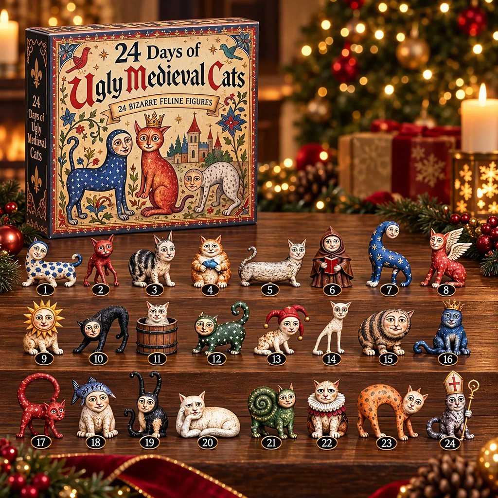 Adventskalender mit mittelalterlichen Katzen-Figuren