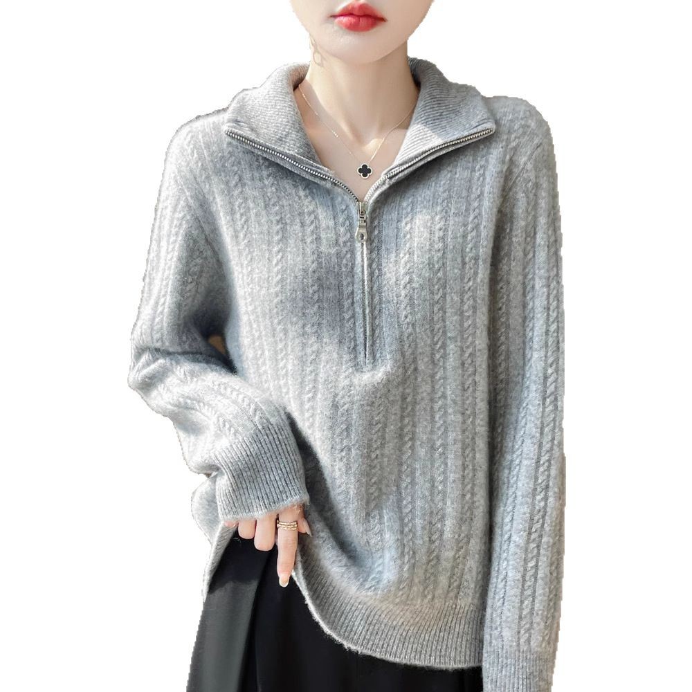 Damen-Wollpullover mit Zopfmuster und halbem Reißverschluss